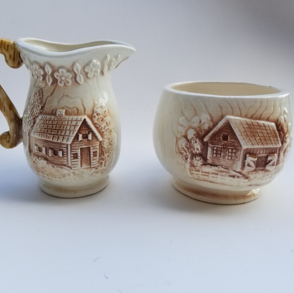 Vintage farmhouse sugar bowl and creamer set